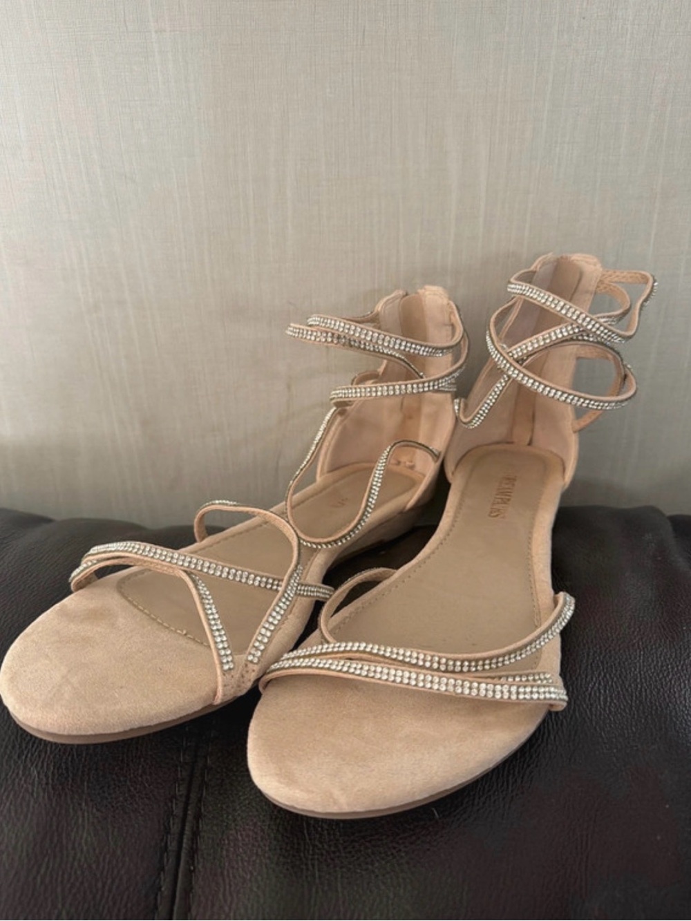 Strappy Nude Crystal Ankle-Wrap Sandals